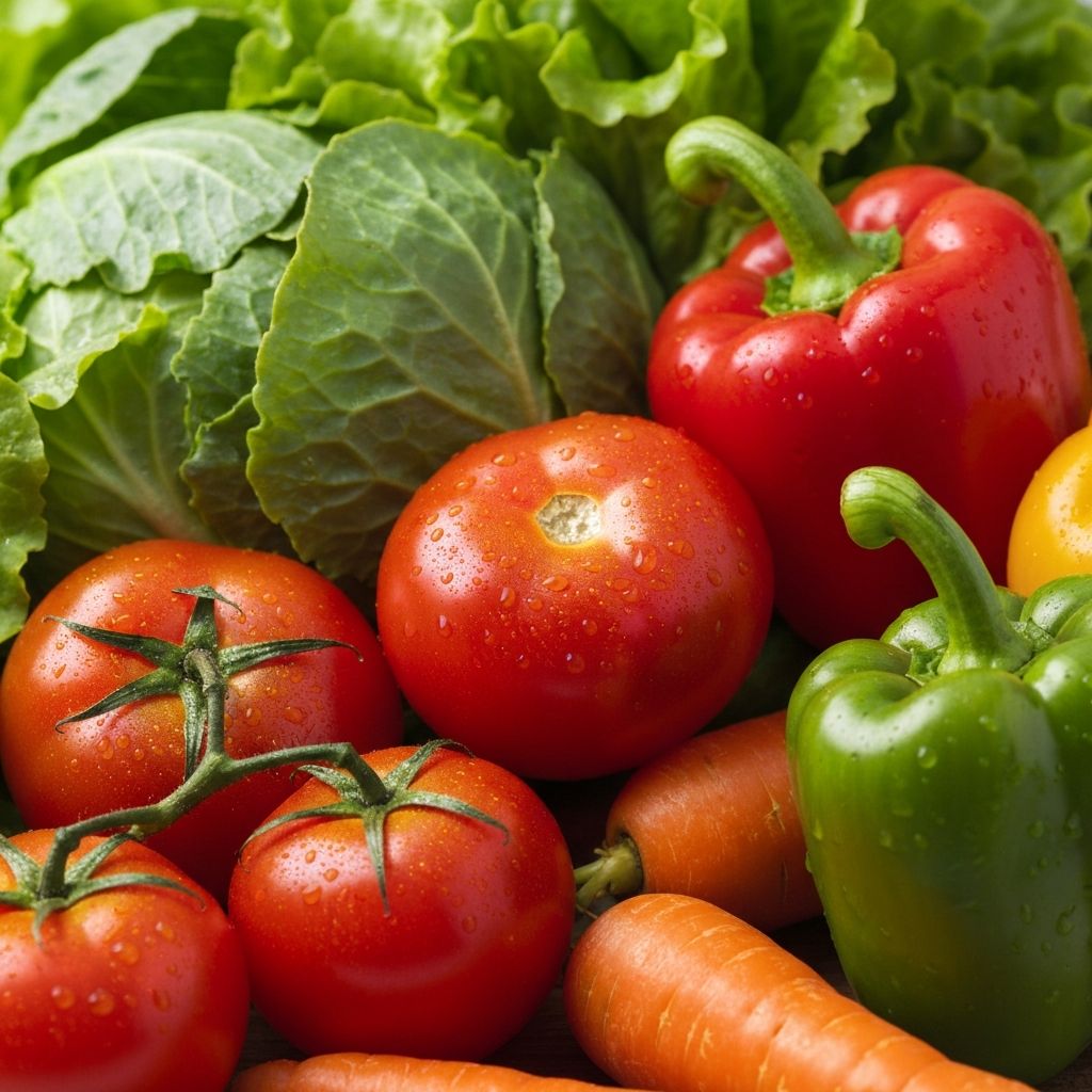 Čerstvá zeleninová zmes - listová zelená, paradajky, mrkva s kvapkami vody