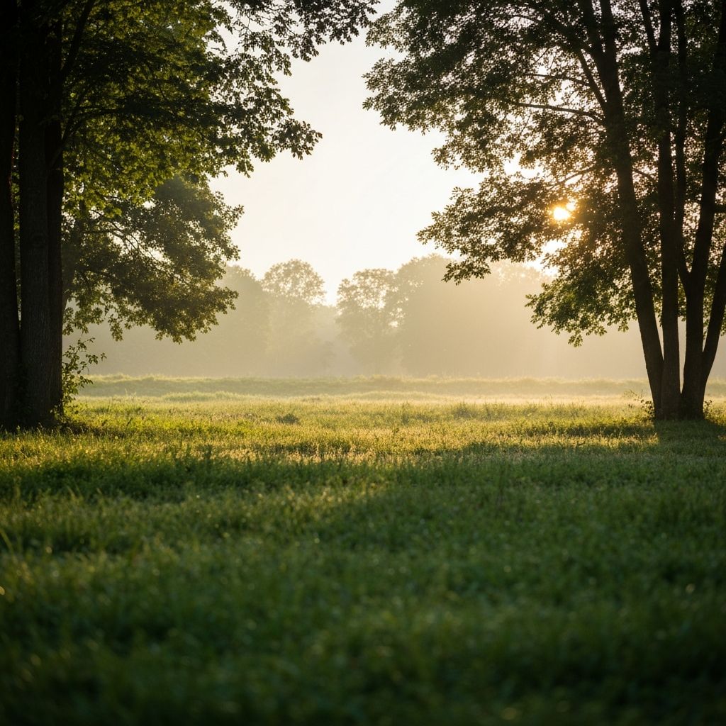 Pokojná prírodná scenéria so slnečným svetlom reprezentujúca pohodu a wellness